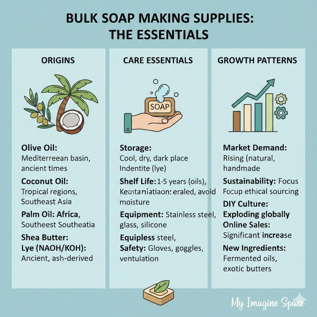 Here's the infographic you requested: This infographic provides a visual overview of bulk soap making supplies, detailing the origins of key ingredients like olive, coconut, and palm oil, essential care practices for soap and supplies, and current growth patterns in the soap-making market