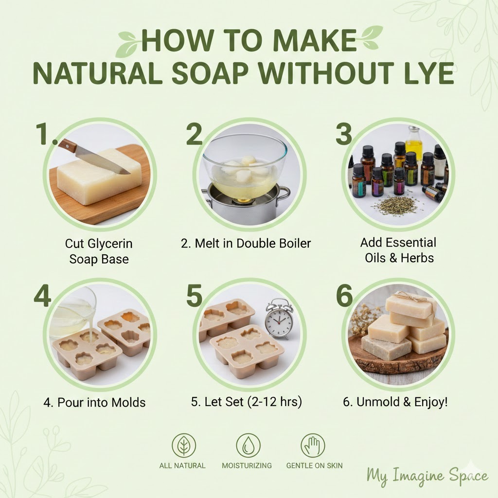 Here is an infographic on how to make natural soap without lye:This infographic provides a clear, step-by-step guide on how to make natural soap without lye, showing the process from cutting the soap base to unmolding the finished product